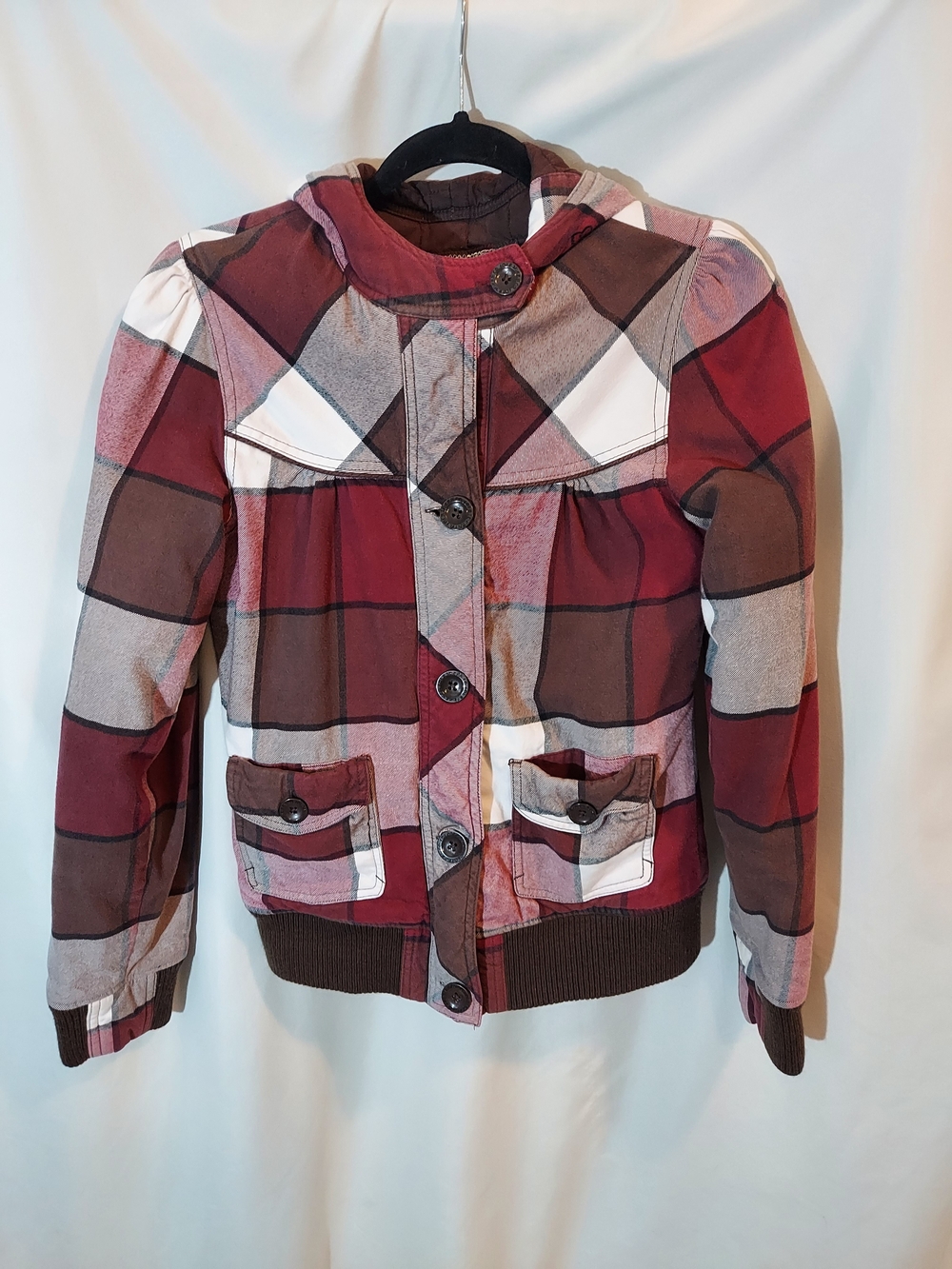 Fox Riders Company Plaid Patchwork Bomber Jacket with Hood Cozy Fall L